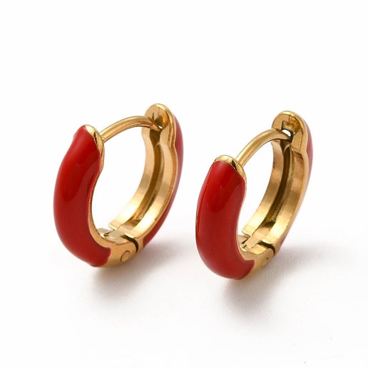 Red Enamel Huggies staged on an all white surface