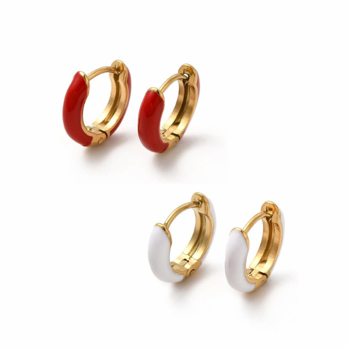 Red and White Enamel Huggies staged on an all white surface
