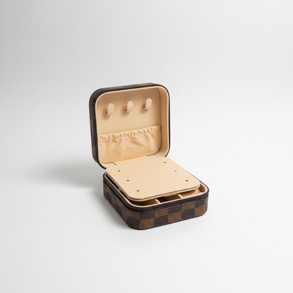 Square Brown Checkered Jewelry Box w/ Mirror | Annie Austen