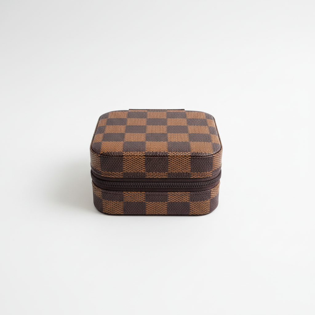 Square Brown Checkered Jewelry Box w/ Mirror | Annie Austen