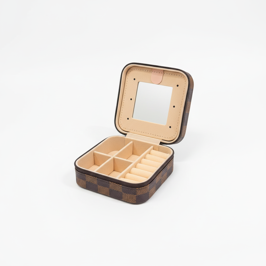 Square Brown Checkered Jewelry Box w/ Mirror | Annie Austen